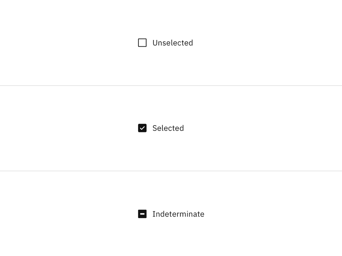 Unselected, selected and indeterminate states of checkbox.
